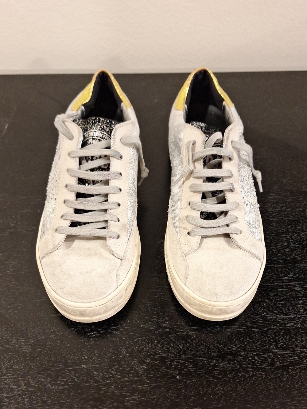 P448 Women’s Light Gray Suede Sneakers with Gold Heel